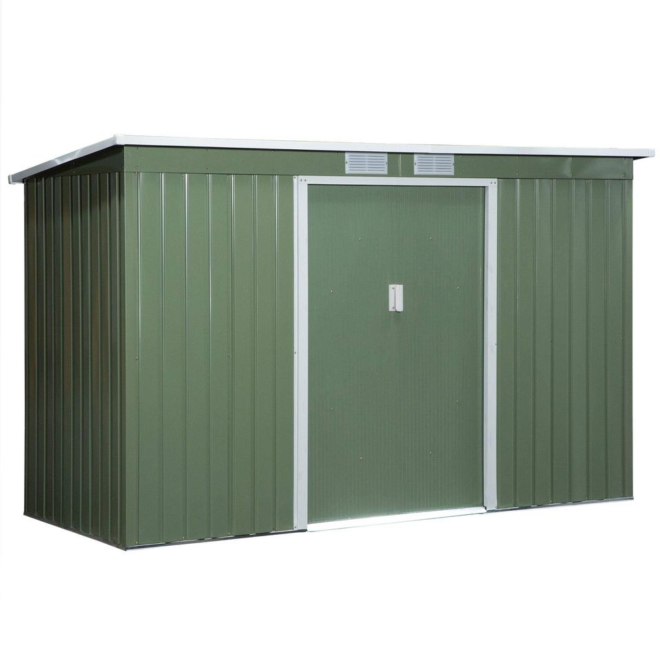 【Storage Shed】9' x 4' Corrugated metal storage shed outside equipment kit, light green