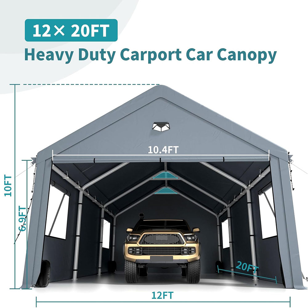 Heavy duty carport canopy, extra large portable car tent garage with roll-up windows and four seasons tarpaulin cover