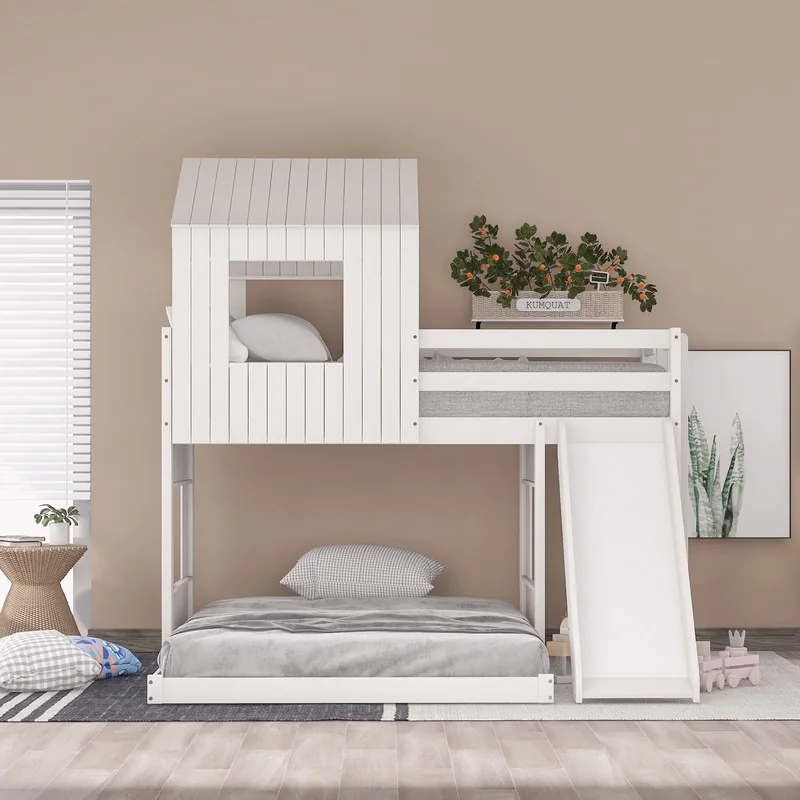 AOOLIVE Wooden Twin Over Full Bunk Bed with Playhouse,White
