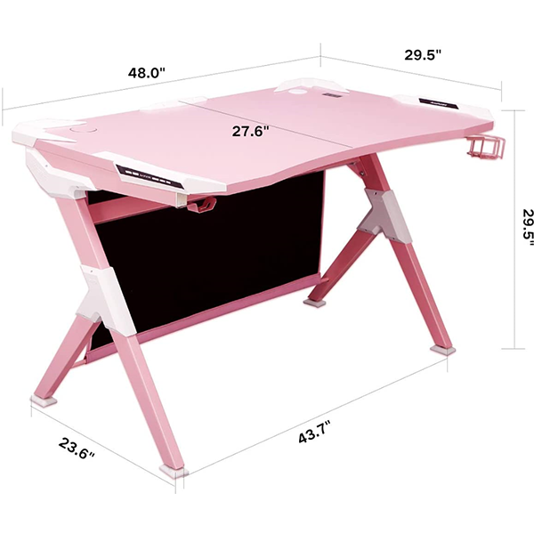 Pink Ergonomic Large Gaming Table 48 Inch Cute Computer Desk, Computer Chair with Smart Built-in Wireless Charging Pad Gaming Table Pro with 7 Colors LED Lights