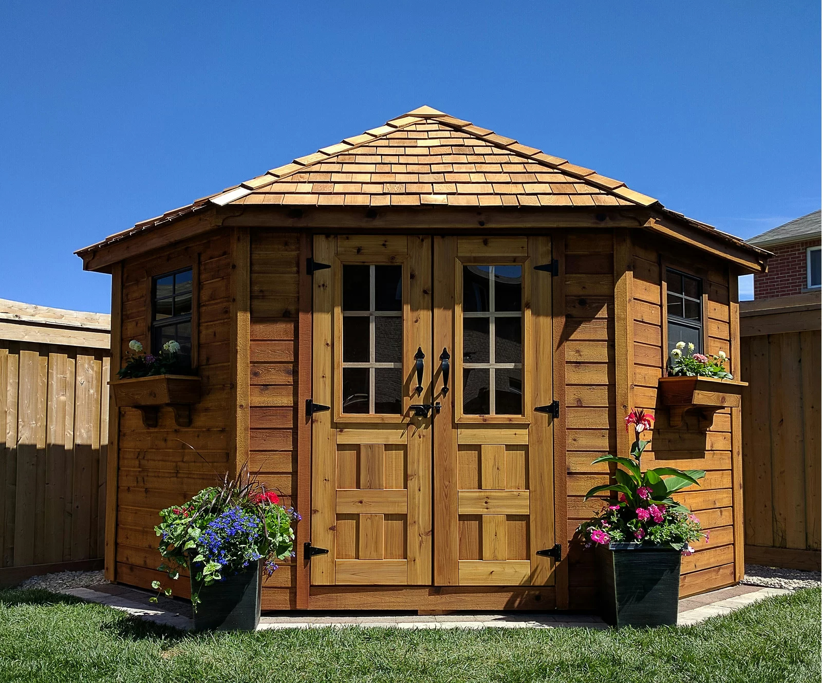【Storage Shed】9 ft. W x 9ft. D Penthouse Cedar Wood Garden Shed with French Doors
