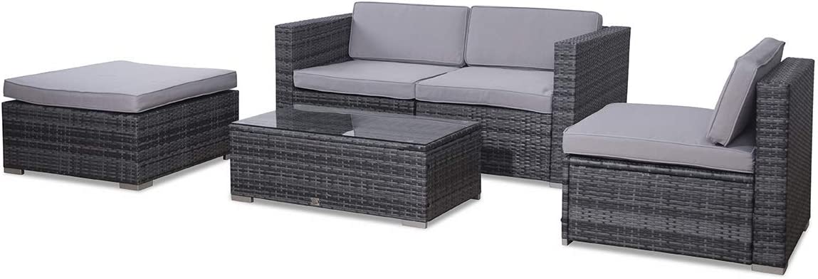Outsunny 5PC Rattan Furniture Set Garden Outdoor Sectional Sofa Coffee Table Combo Patio Furniture Metal Frame w/Cushion Pillows Grey