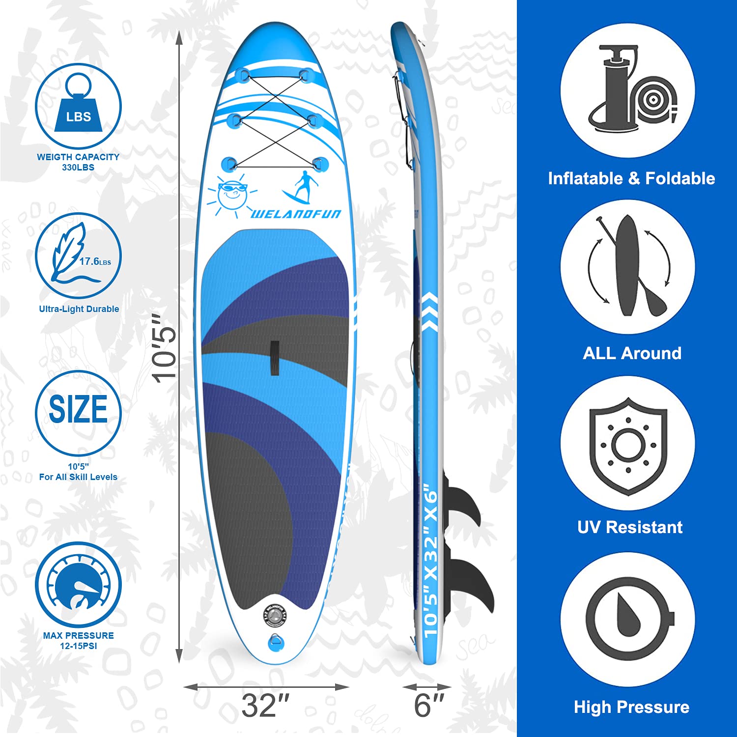WelandFun Inflatable Stand Up Paddle Board 320x83x15cm Premium All Round SUP Paddle boards with Non-Slip Deck, Pump, Adj Paddle, Leash, Waterproof Backpack for Youth & Adult