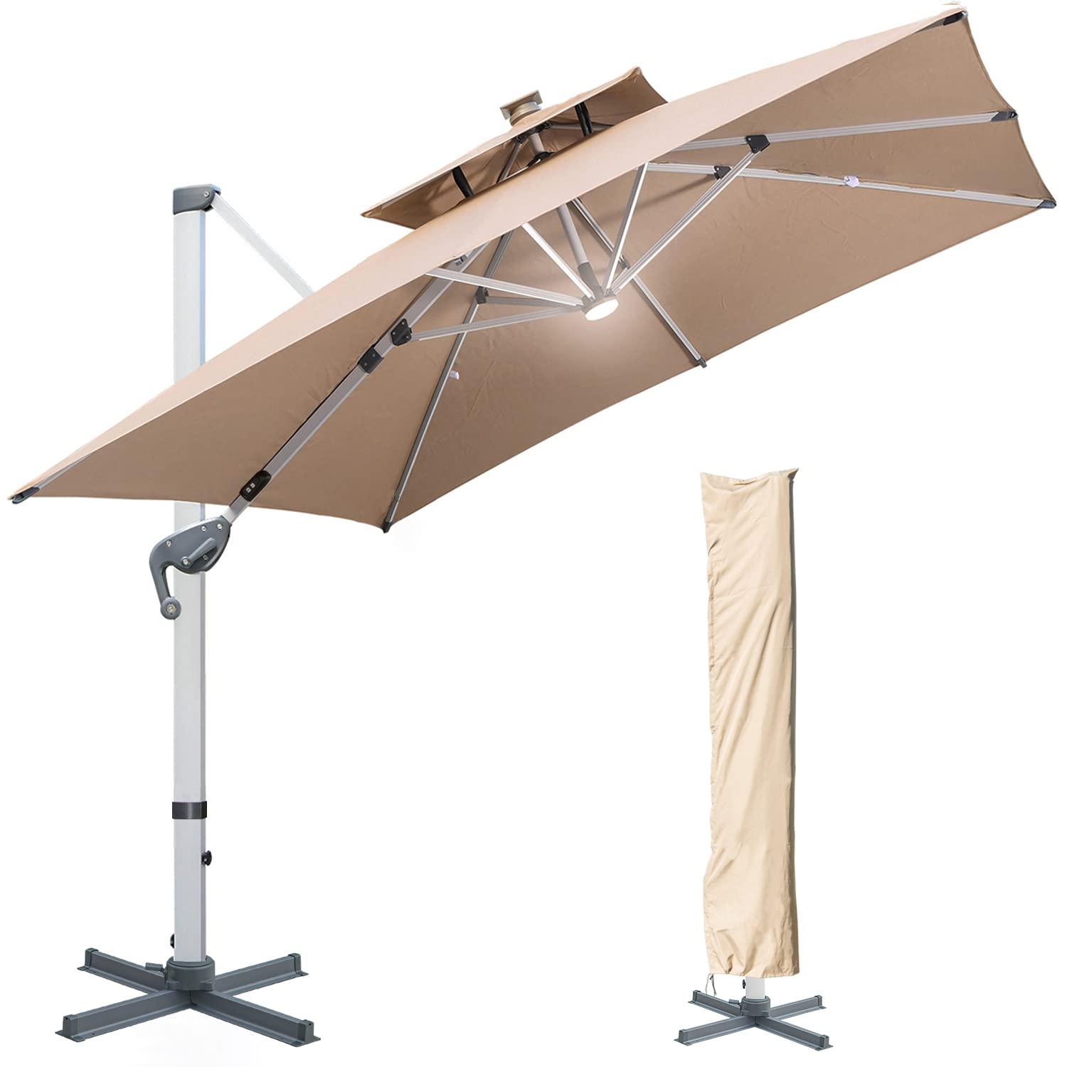 【Home&Garden】【BS】10 FT Square Cantilever Umbrella with Solar LED Lights & Cross Base, Large Patio Umbrella