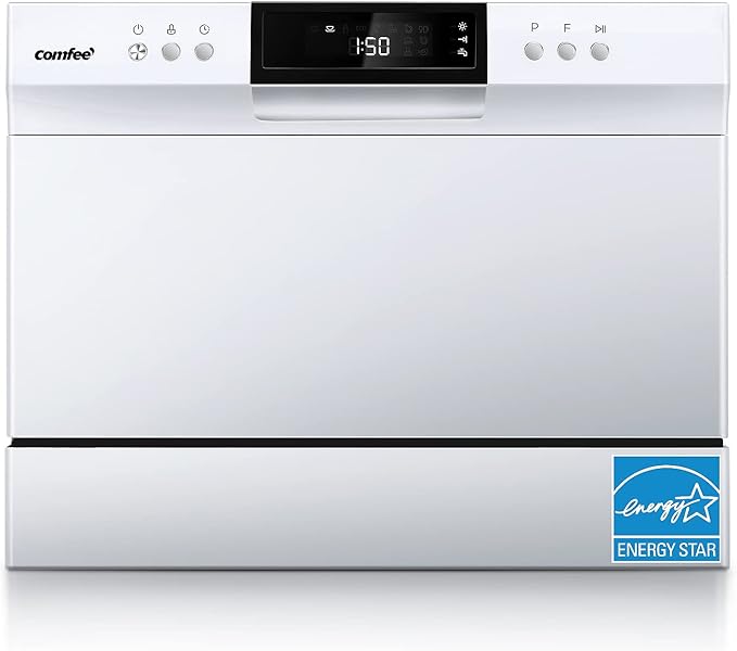 COMFEE' Portable Mini Dishwasher, Energy Star, Countertop, 6 Settings, 8 Wash Programs, Speed, Baby Care, Eco-Friendly Glass, Dormitory, RV and Apartment Dishwasher Washable, White