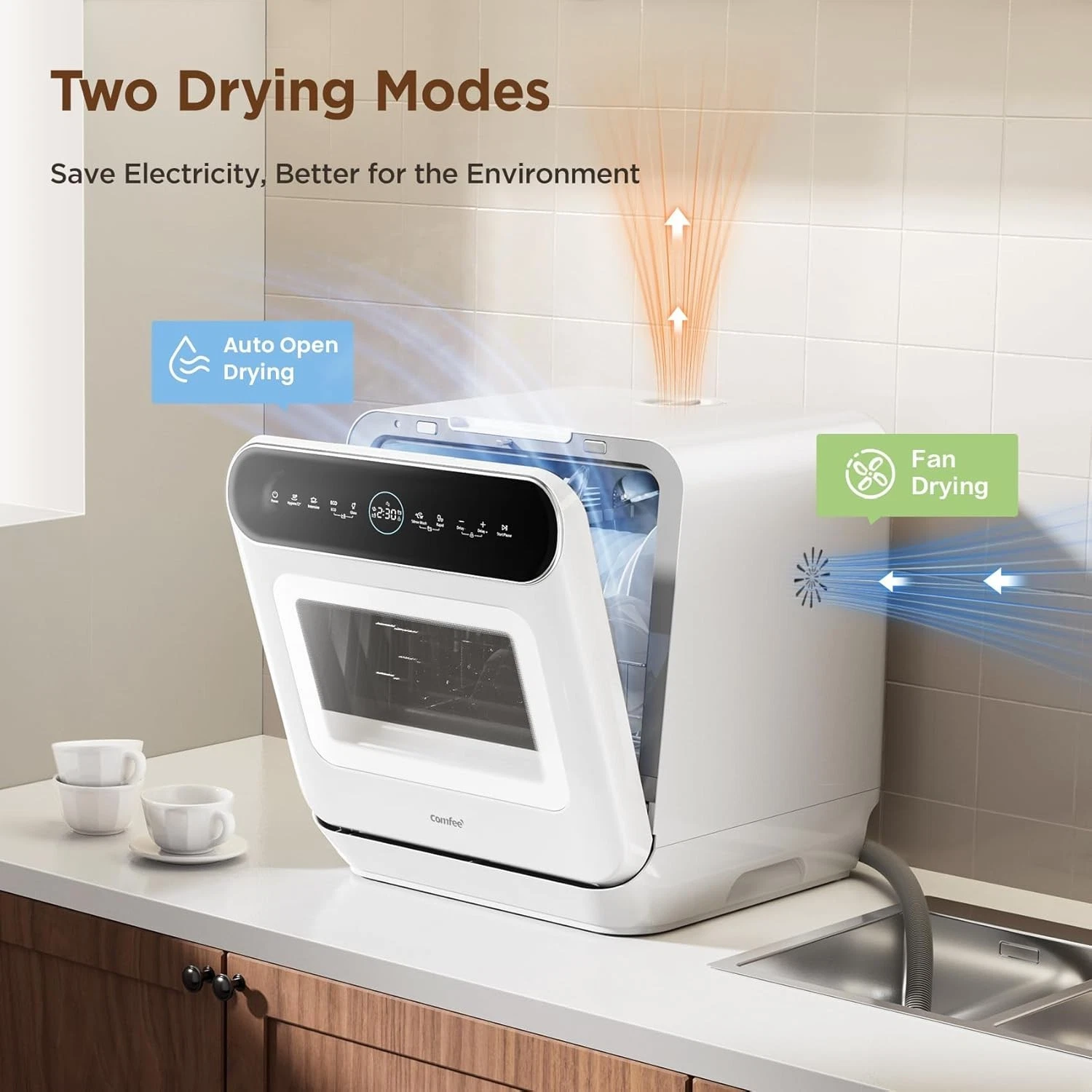 COMFEE Table Top Dishwasher Mini Tabletop Dishwasher 6L Built-in Water Tank